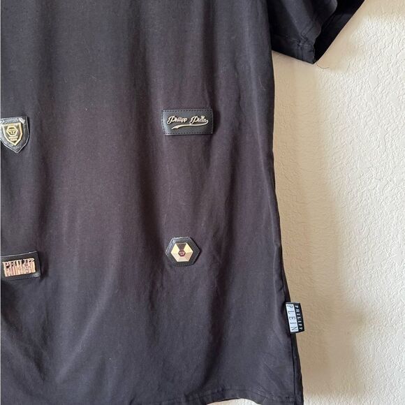 Philipp Plein Homme Black T-Shirt with Metal Patch Details Size L - Picture 6 of 11